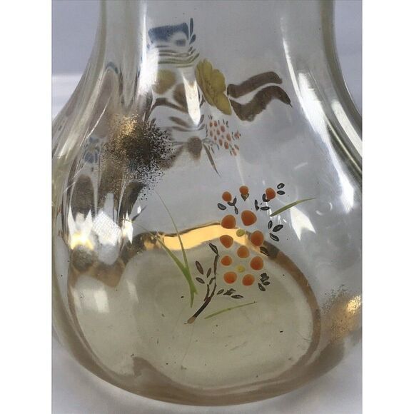 VTG Floral Painted Yellow Glass Pitcher Gold Trim 7.25" - Picture 5 of 12